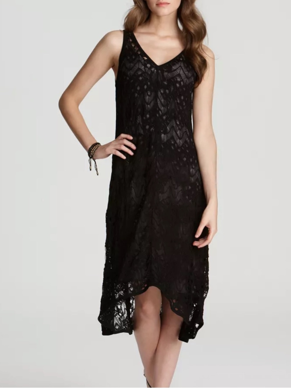 Eileen Fisher Crinkle Lace V Neck Dress with Slip